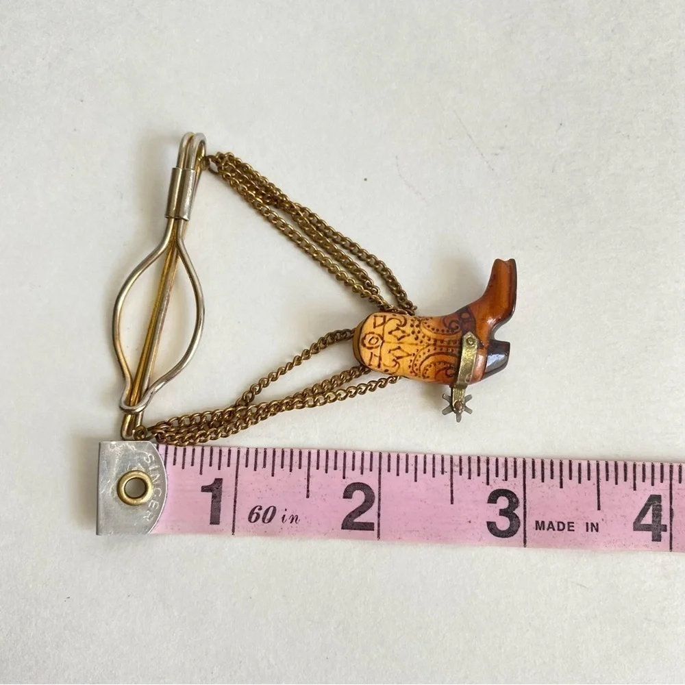Vintage 60s Cowboy‎ Boot Tie Bar Clip Western Gold Tone Chain Carved Wood Spur